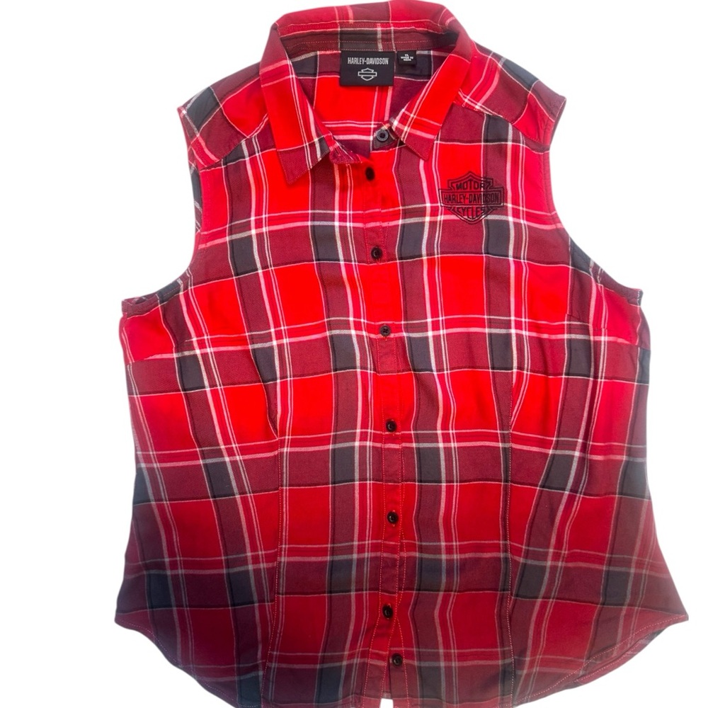 Harley-Davidson Red & Black Plaid Ombré 100%Viscose Sleeveless Button-Up Shirt